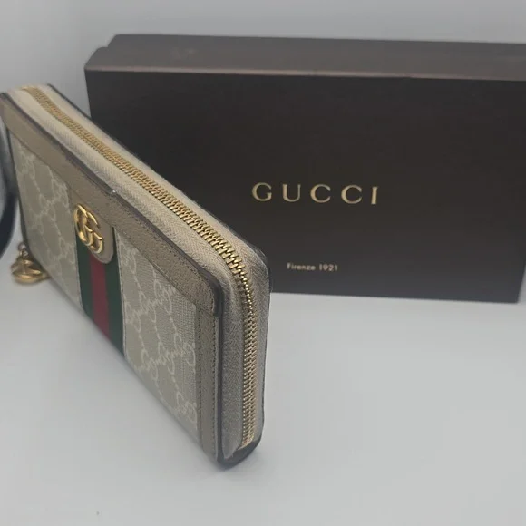 Gucci Ophidia GG Beige W/ Green & Red Sherry Zip Around Long Wallet (EUC)(COA)✨️ - Picture 6 of 15